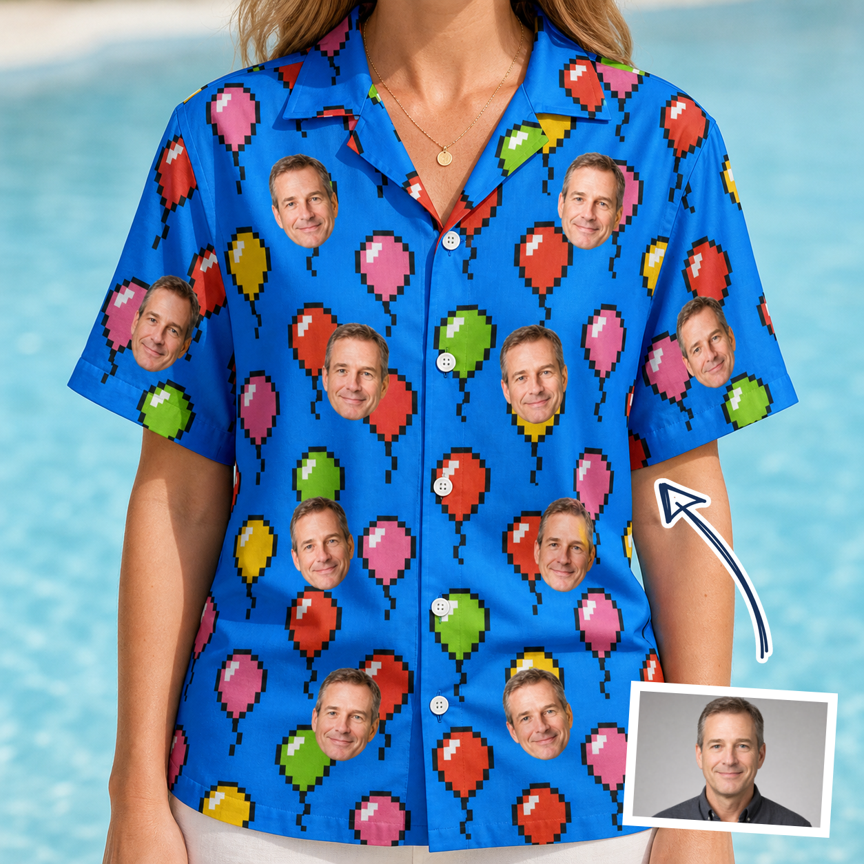 Woman wearing Women's Balloon Scribbles Custom Face Hawaiian Shirt — custom faces printed all-over