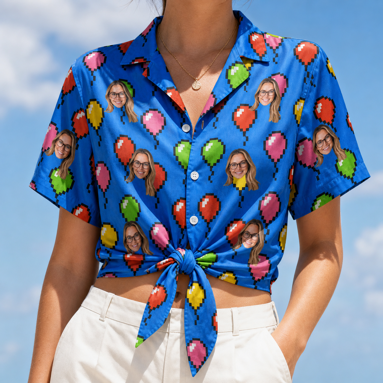 Woman wearing Women's Balloon Scribbles Custom Face Hawaiian Shirt tied at the waist