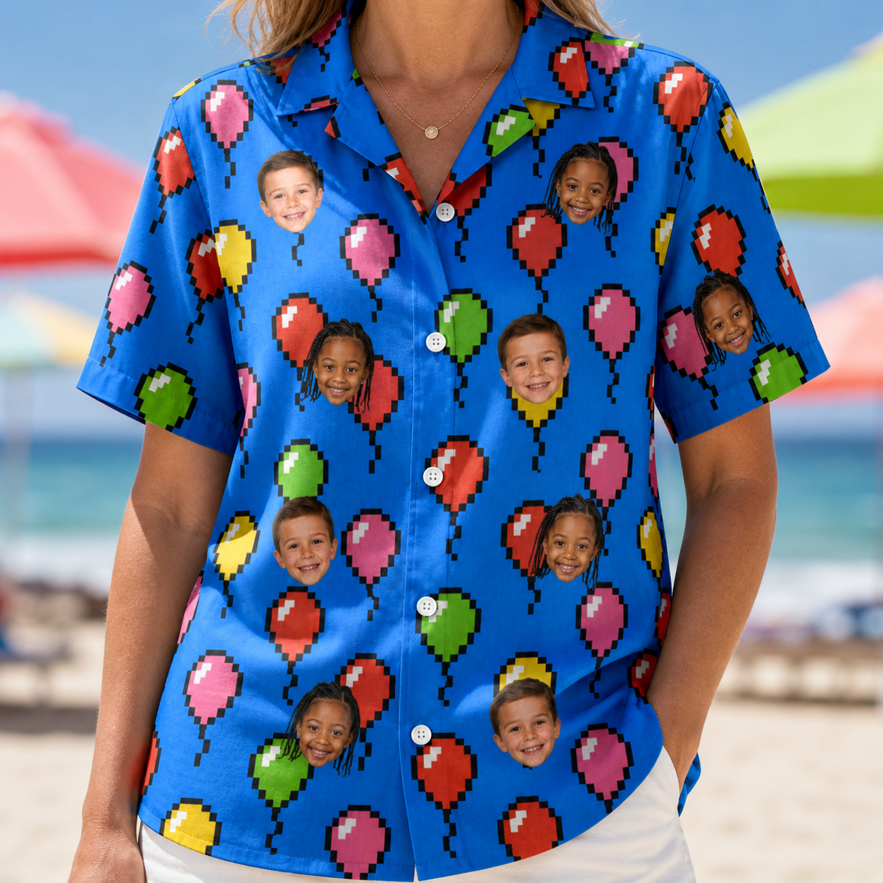 Model wearing Women's Balloon Scribbles Custom Face Hawaiian Shirt printed with kids' faces