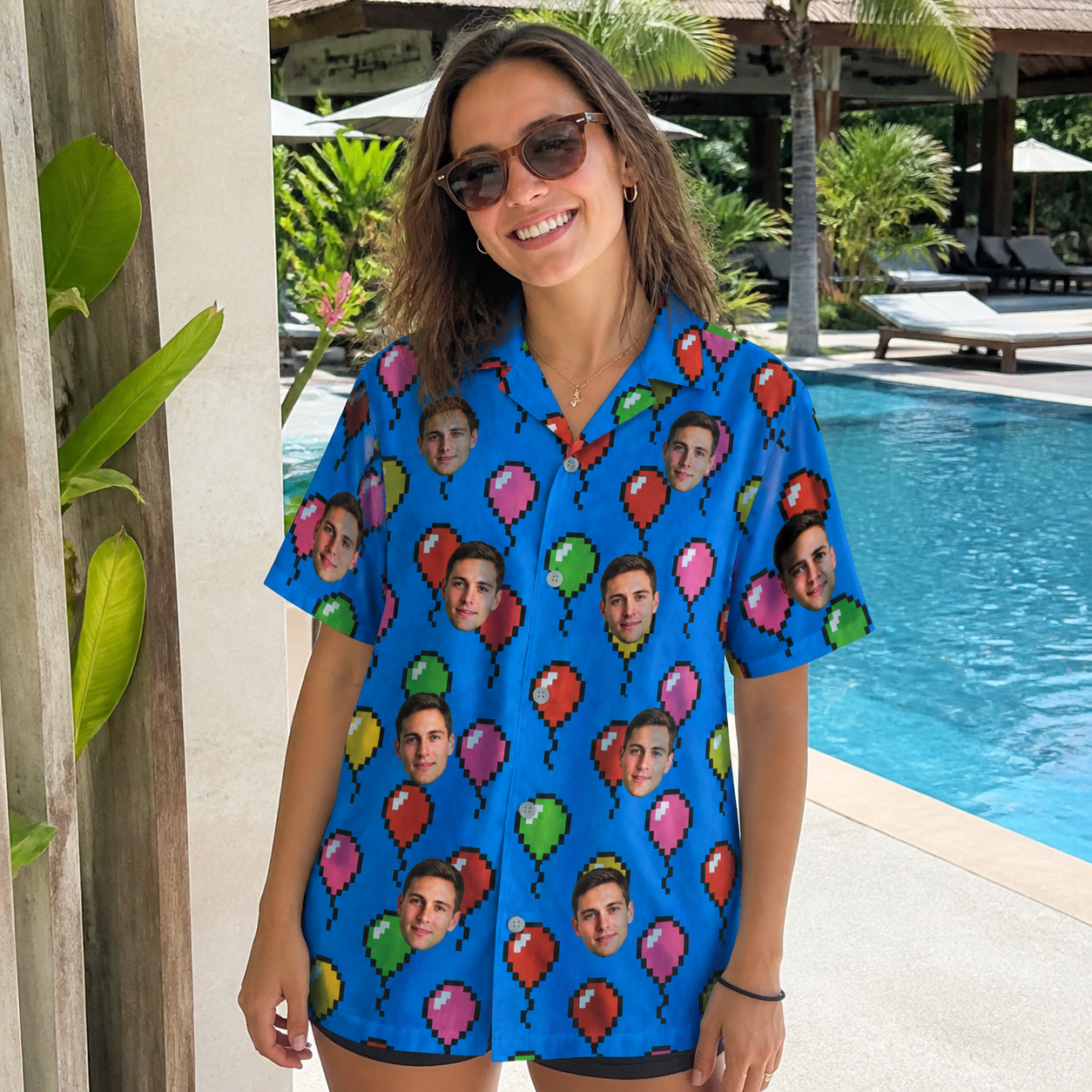 Real-life photo of someone wearing Women's Balloon Scribbles Custom Face Hawaiian Shirt — custom faces printed all-over