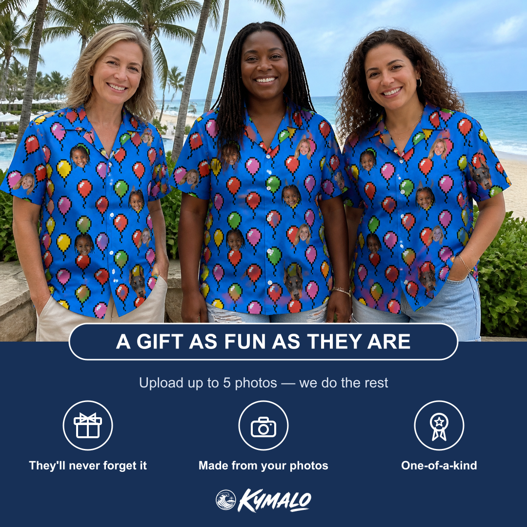 Friends in matching Women's Balloon Scribbles Custom Face Hawaiian Shirt — a group gift photo