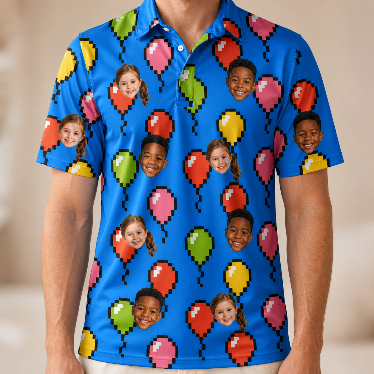 Model wearing Men's Balloon Scribbles Custom Face Polo Shirt printed with kids' faces