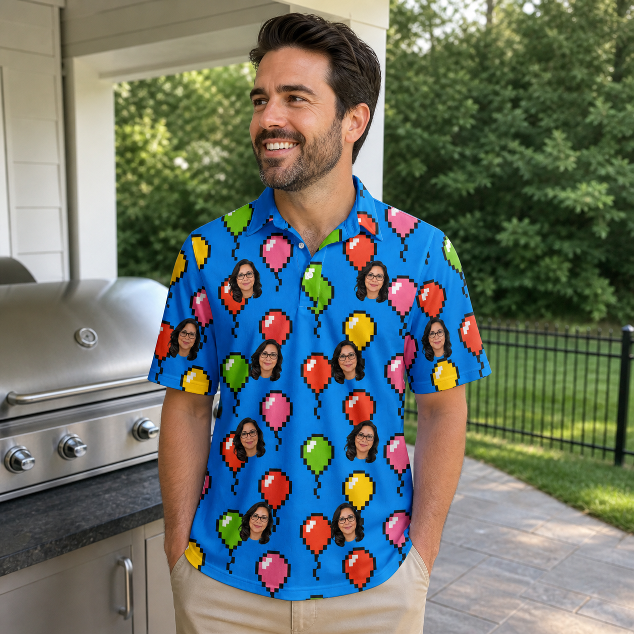 Real-life photo of someone wearing Men's Balloon Scribbles Custom Face Polo Shirt — custom faces printed all-over