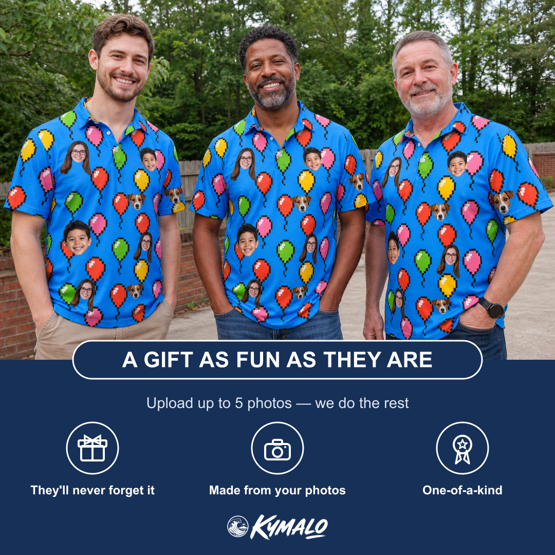 Friends in matching Men's Balloon Scribbles Custom Face Polo Shirt — a group gift photo
