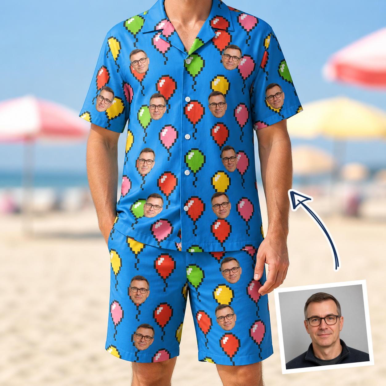 Man wearing Men's Balloon Scribbles Custom Face Shirt & Shorts Set — custom faces printed all-over
