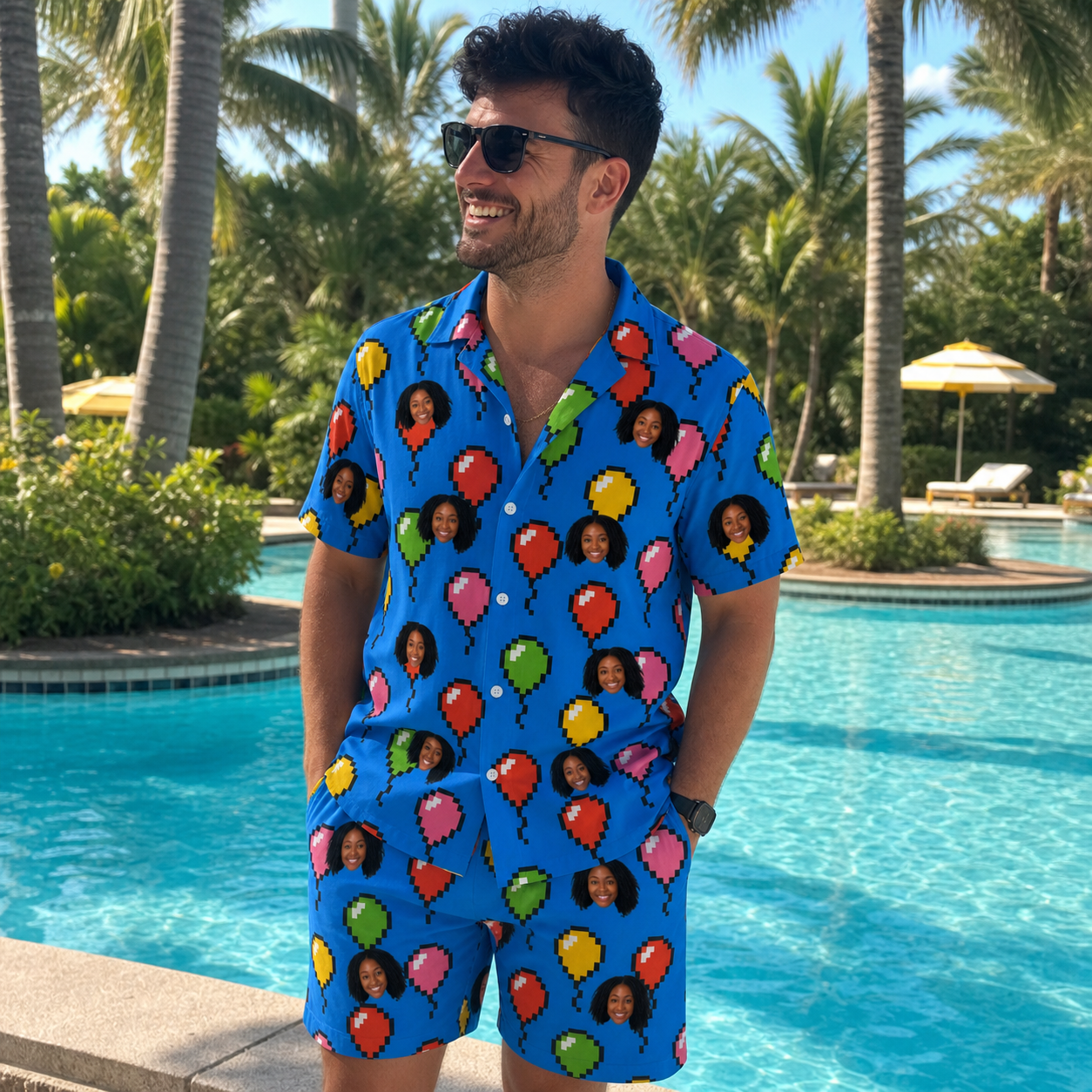 Real-life photo of someone wearing Men's Balloon Scribbles Custom Face Shirt & Shorts Set — custom faces printed all-over