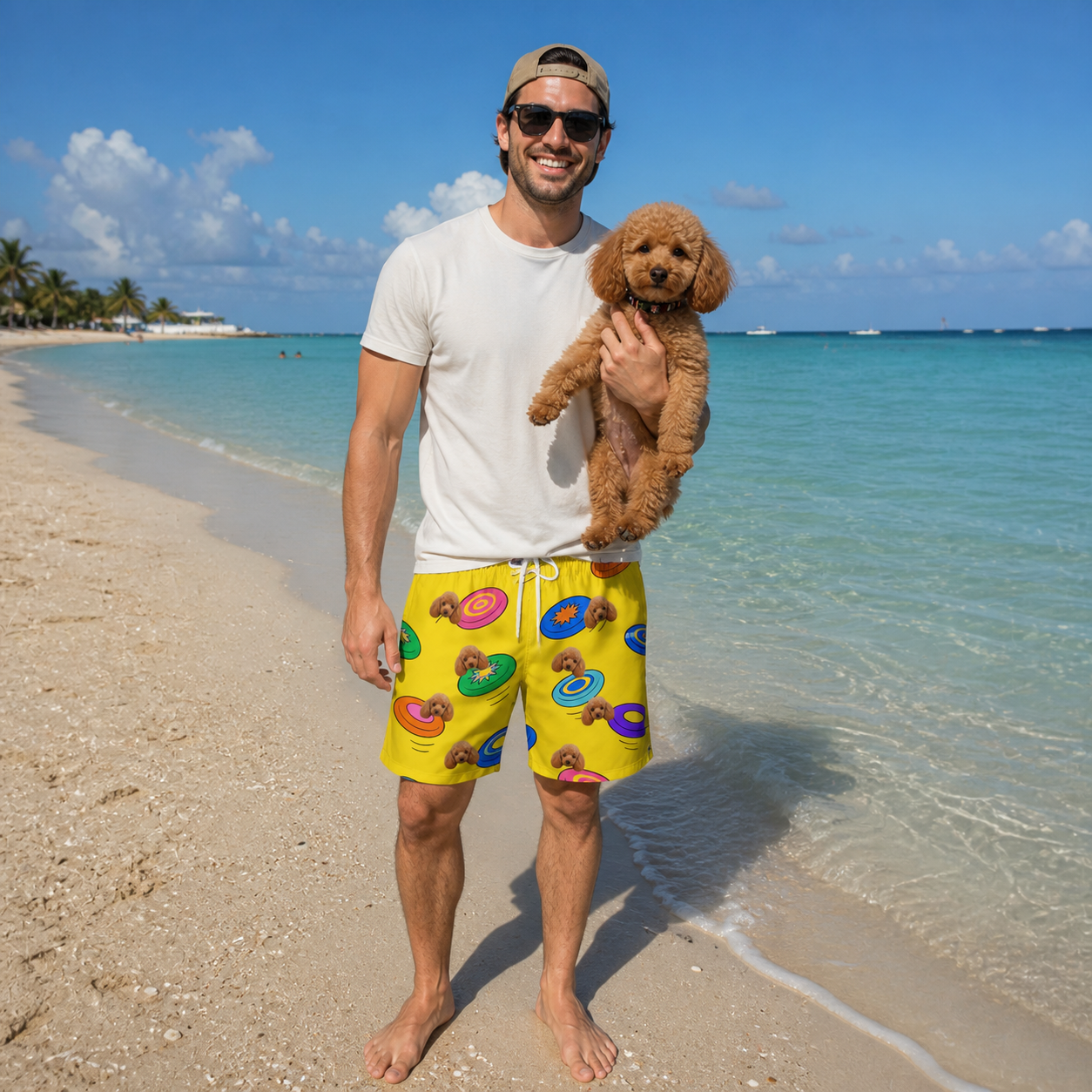 Full-length photo with the pet printed all over this Men's Fetch Flight Custom Dog Face Beach Shorts