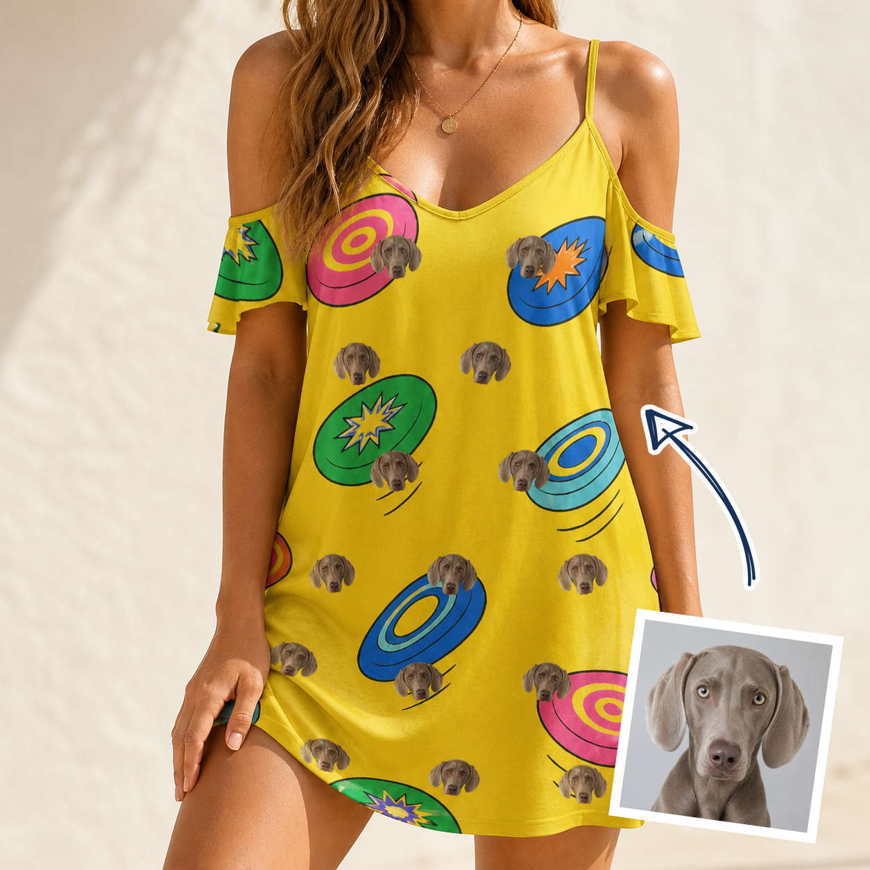 Woman wearing Women's Fetch Flight Custom Dog Face Off-Shoulder Dress — custom faces printed all-over