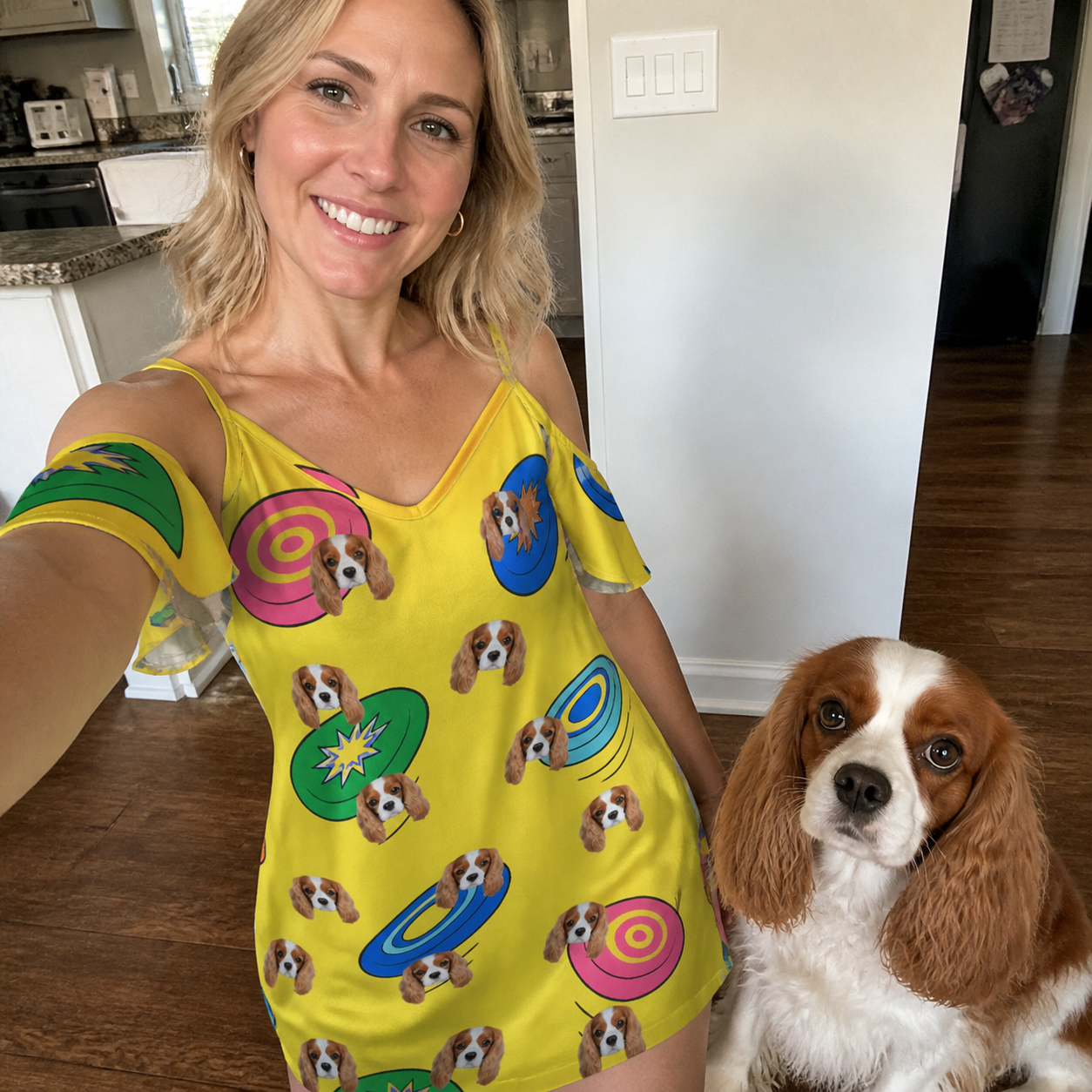 Selfie with the pet whose face is printed all over this Women's Fetch Flight Custom Dog Face Off-Shoulder Dress