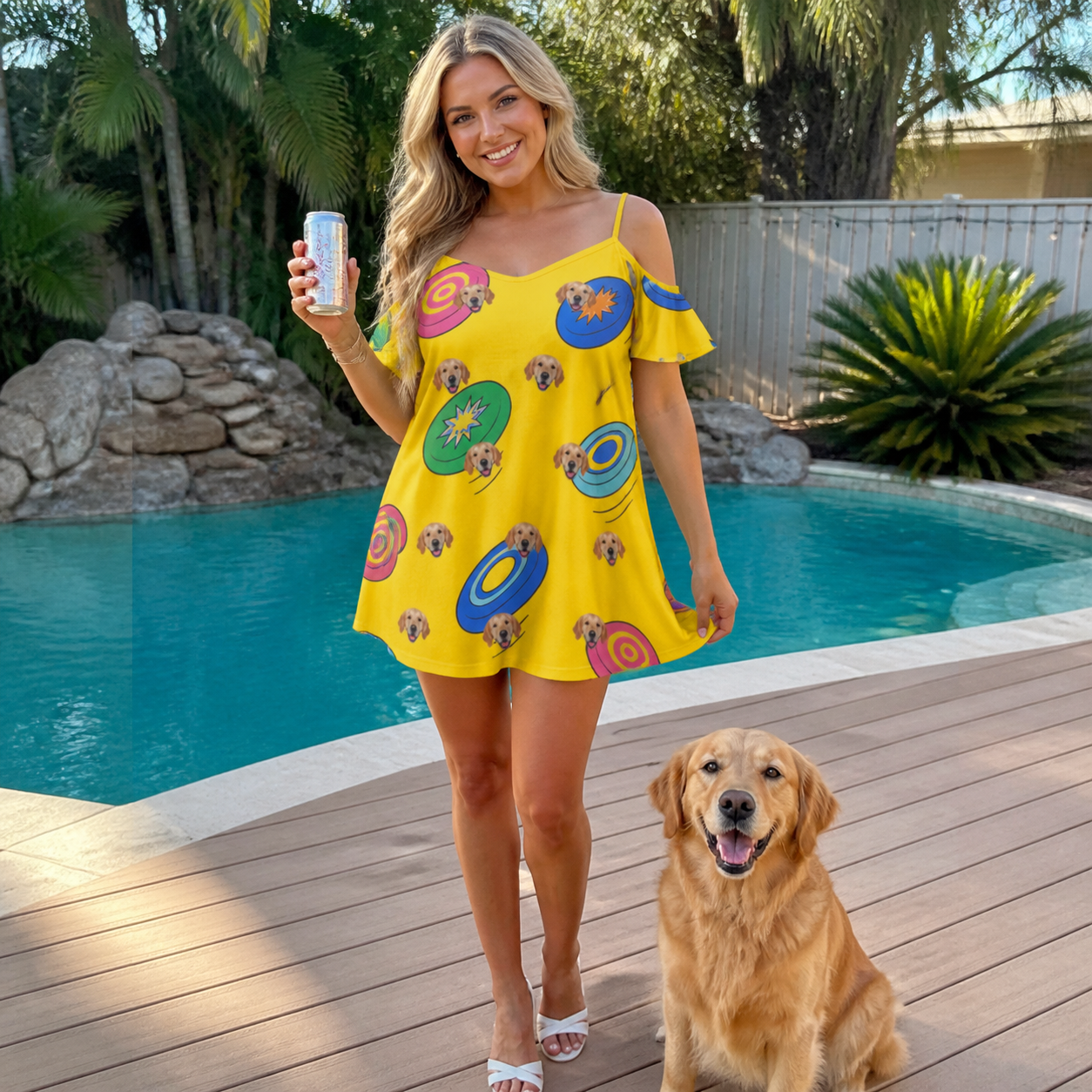 Full-length photo with the pet printed all over this Women's Fetch Flight Custom Dog Face Off-Shoulder Dress