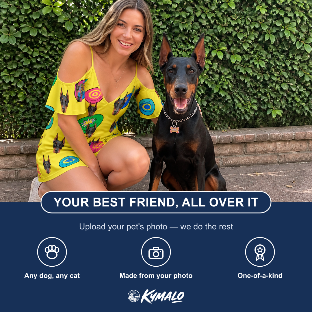 Friends in matching Women's Fetch Flight Custom Dog Face Off-Shoulder Dress — a group gift photo