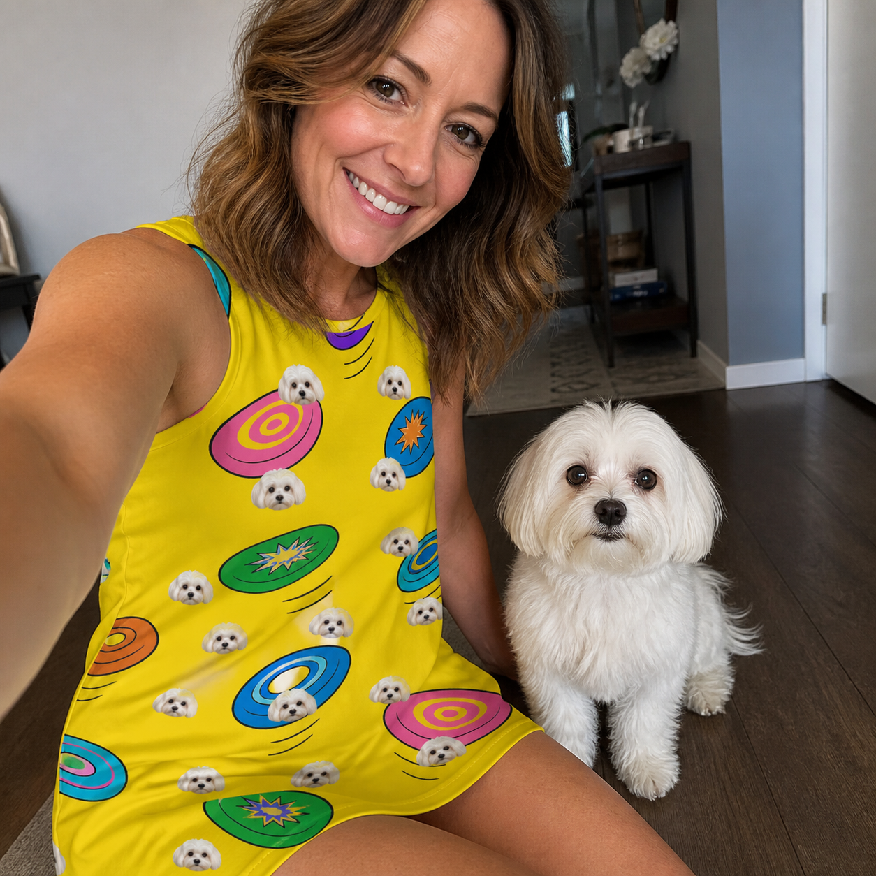 Selfie with the pet whose face is printed all over this Women's Fetch Flight Custom Dog Face Tank Dress