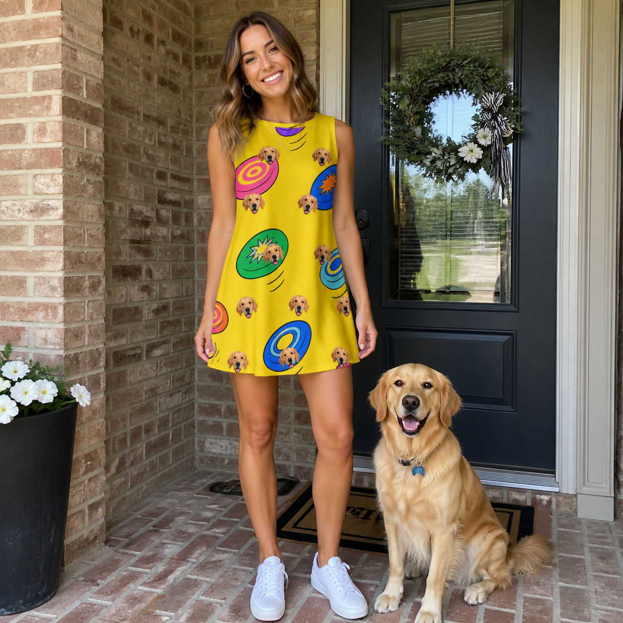 Full-length photo with the pet printed all over this Women's Fetch Flight Custom Dog Face Tank Dress
