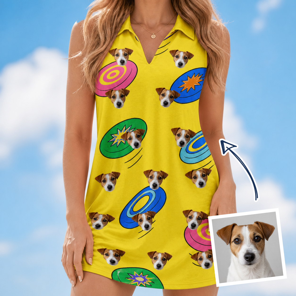 Woman wearing Women's Fetch Flight Custom Dog Face V-Neck Dress — custom faces printed all-over