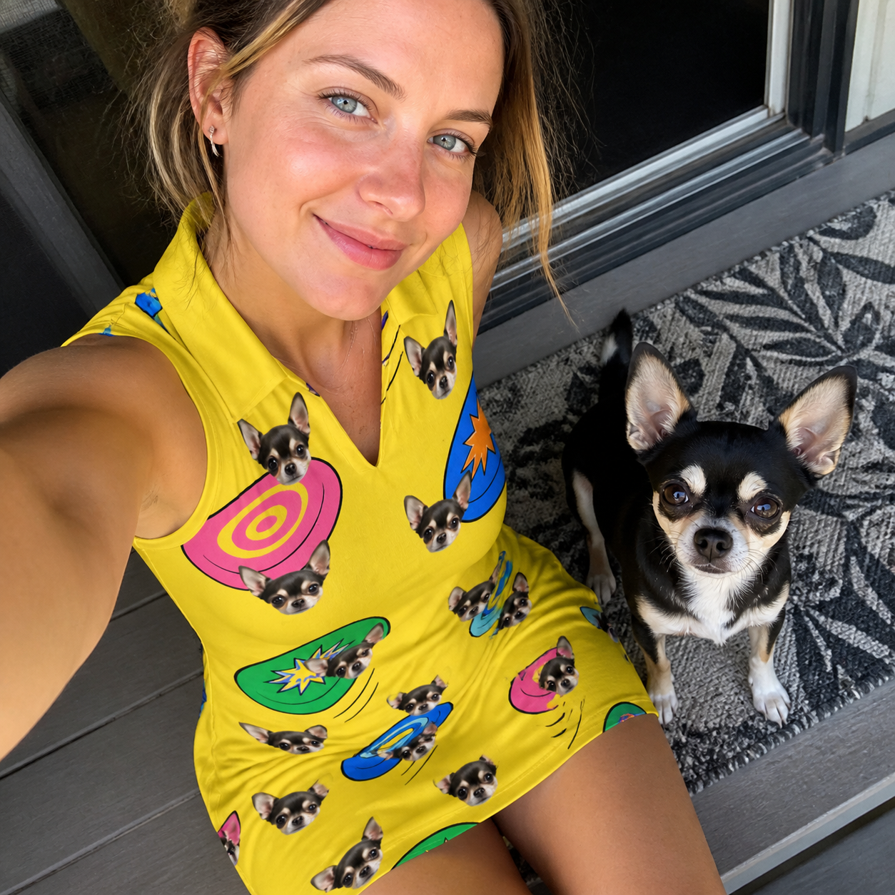 Selfie with the pet whose face is printed all over this Women's Fetch Flight Custom Dog Face V-Neck Dress