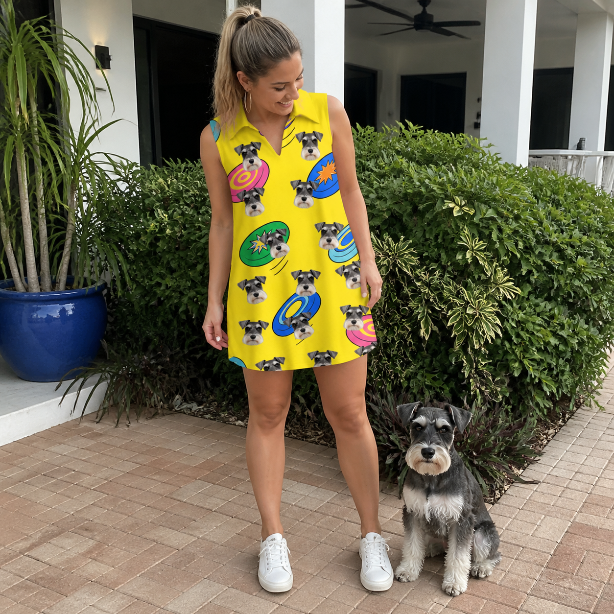 Full-length photo with the pet printed all over this Women's Fetch Flight Custom Dog Face V-Neck Dress
