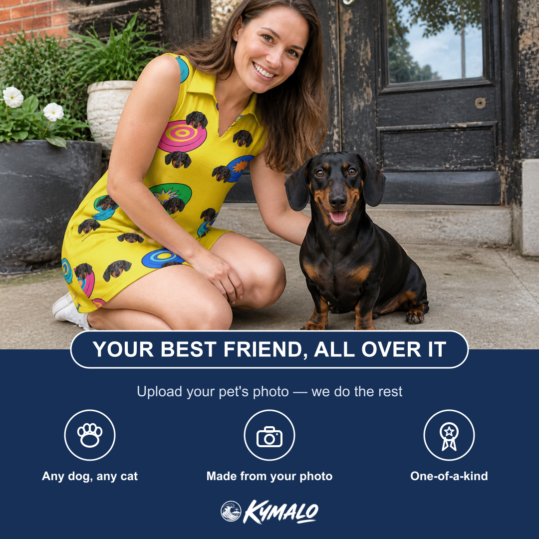 Friends in matching Women's Fetch Flight Custom Dog Face V-Neck Dress — a group gift photo