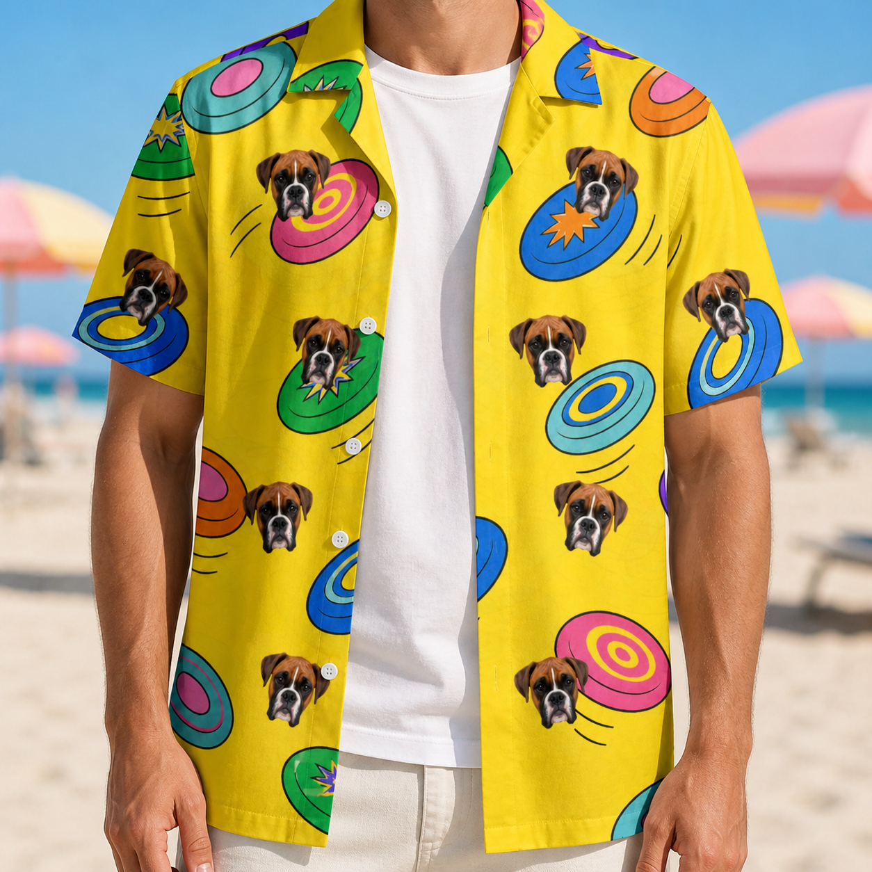 Man wearing Men's Fetch Flight Custom Dog Face Hawaiian Shirt open over a white tee