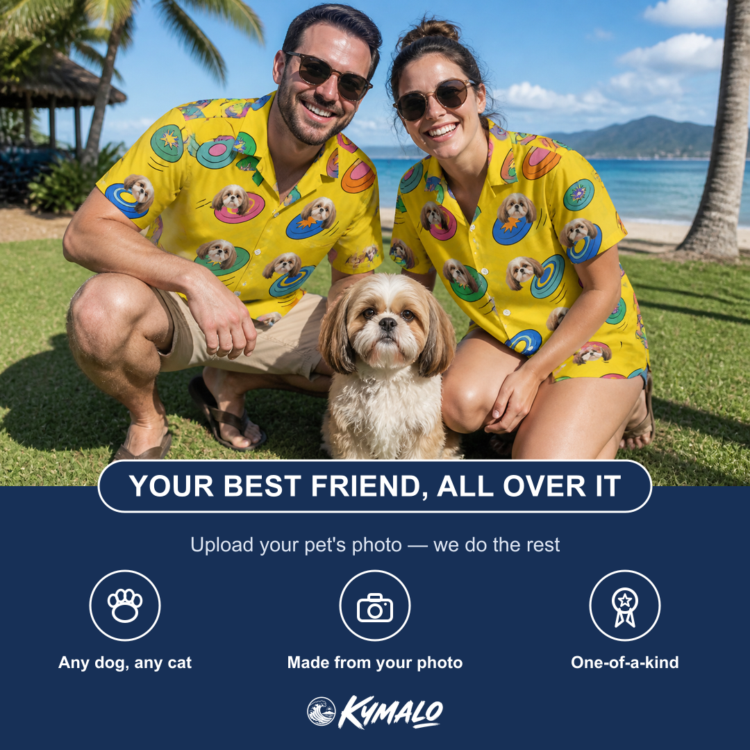 Friends in matching Men's Fetch Flight Custom Dog Face Hawaiian Shirt — a group gift photo