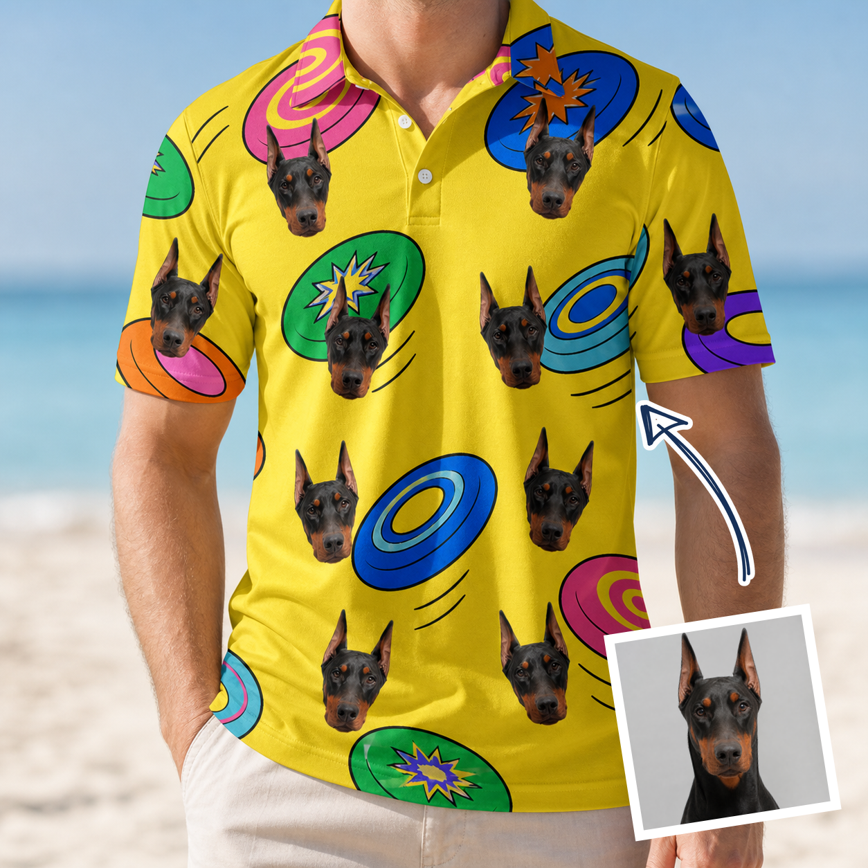 Man wearing Men's Fetch Flight Custom Dog Face Polo Shirt — custom faces printed all-over