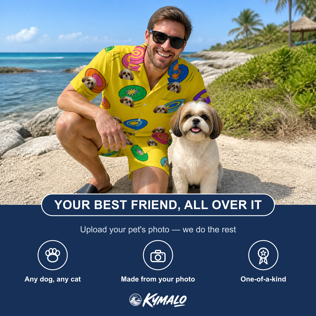 Friends in matching Men's Fetch Flight Custom Dog Face Shirt & Shorts Set — a group gift photo