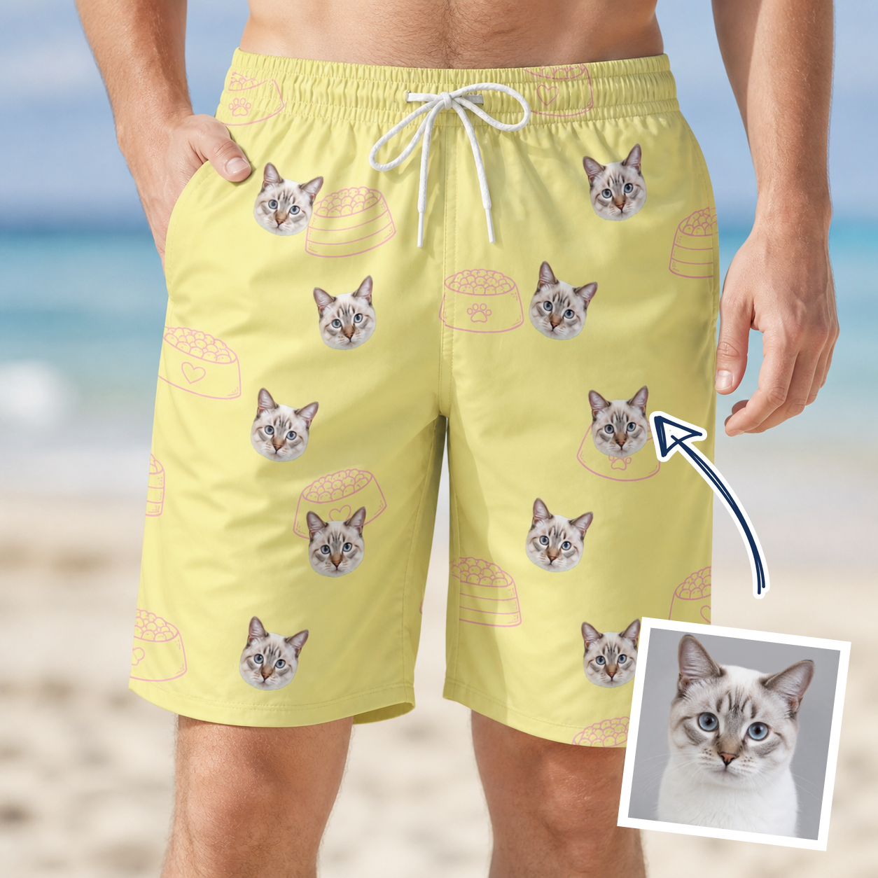 Man wearing Men's Whisker Buffet Custom Cat Face Beach Shorts — custom faces printed all-over