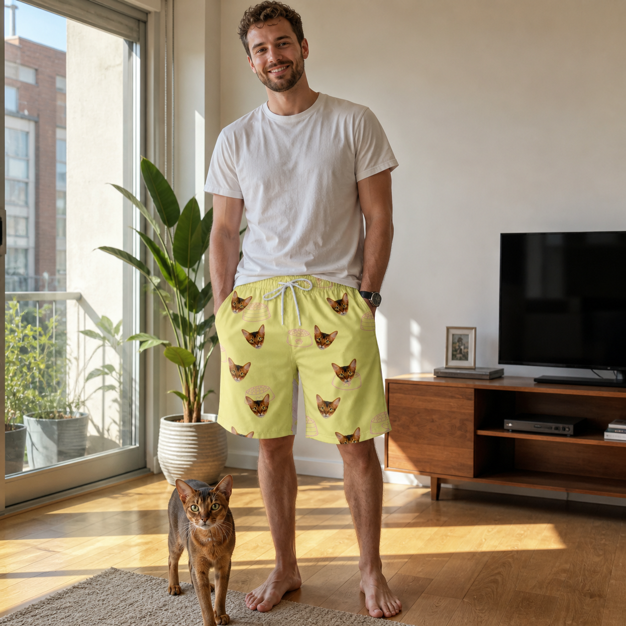 Full-length photo with the pet printed all over this Men's Whisker Buffet Custom Cat Face Beach Shorts