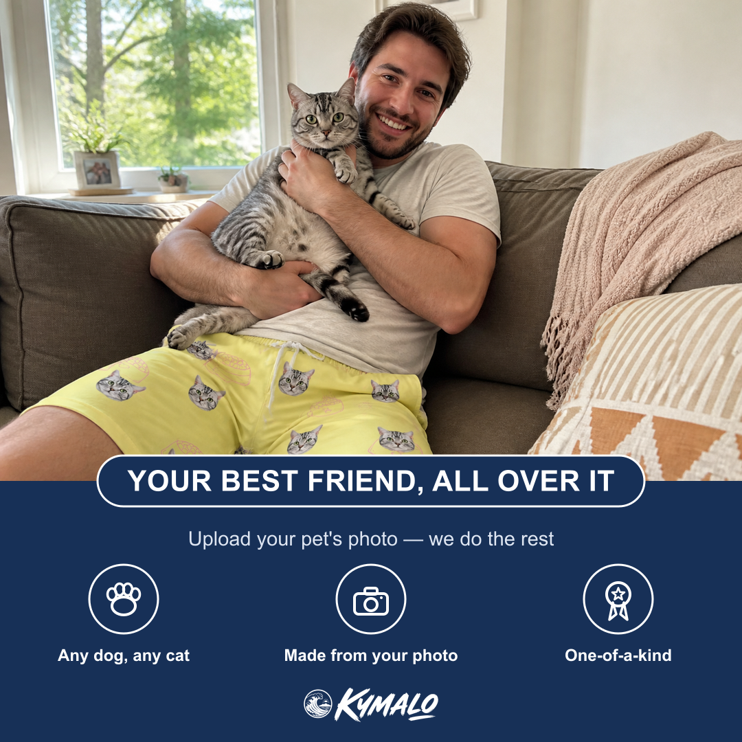 Friends in matching Men's Whisker Buffet Custom Cat Face Beach Shorts — a group gift photo