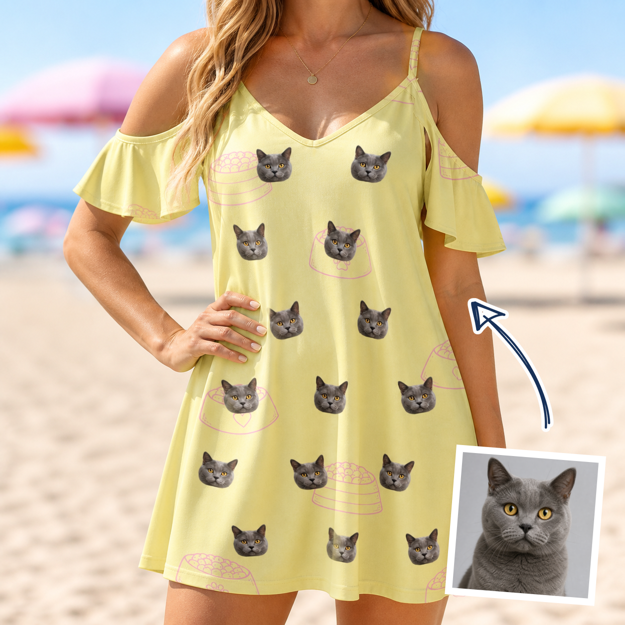 Woman wearing Women's Whisker Buffet Custom Cat Face Off-Shoulder Dress — custom faces printed all-over