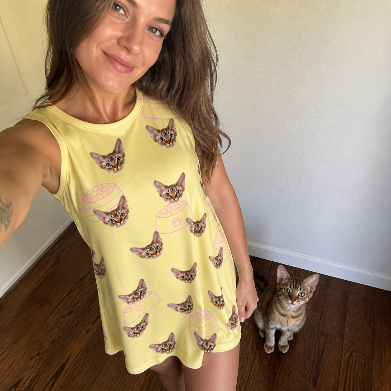 Selfie with the pet whose face is printed all over this Women's Whisker Buffet Custom Cat Face Tank Dress