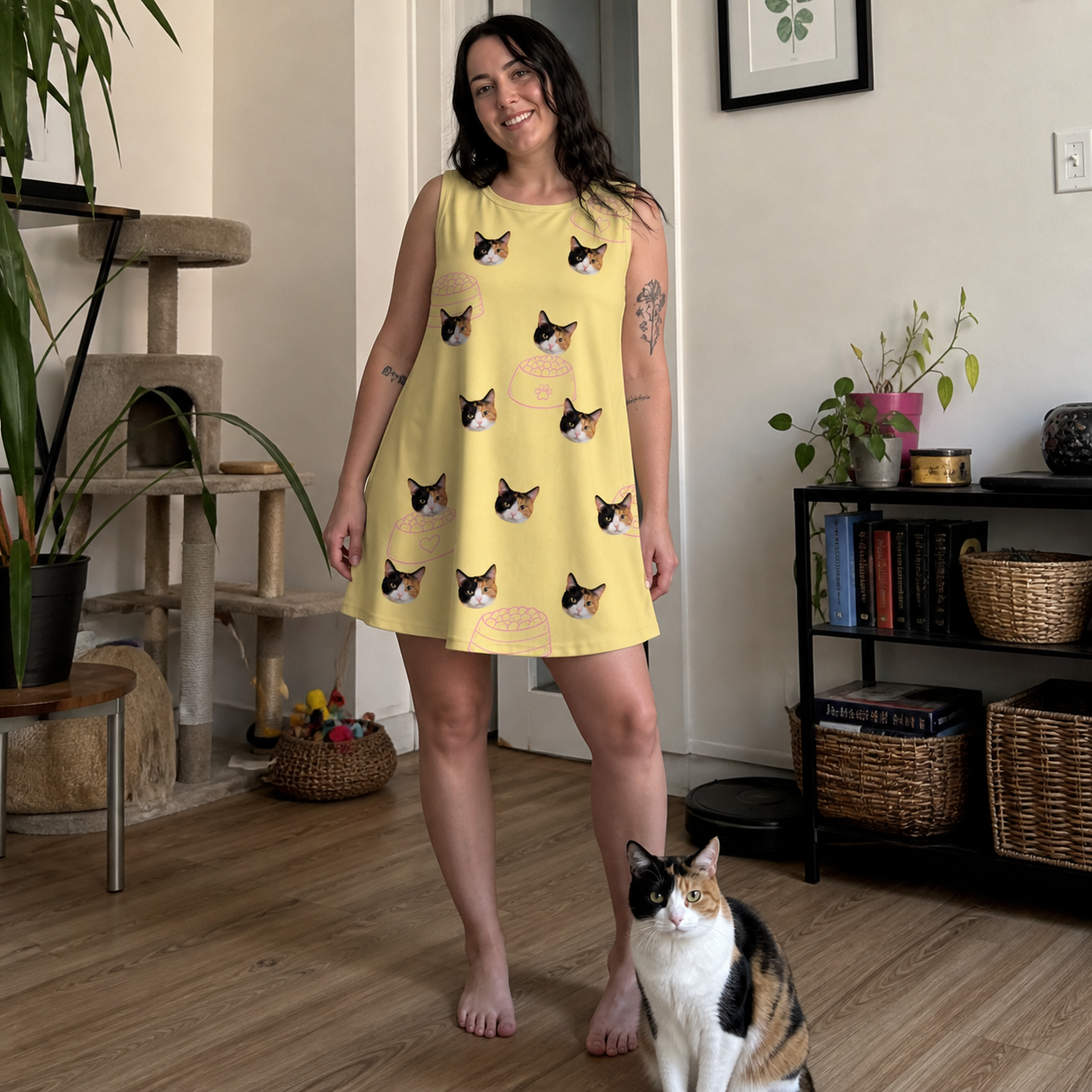 Full-length photo with the pet printed all over this Women's Whisker Buffet Custom Cat Face Tank Dress