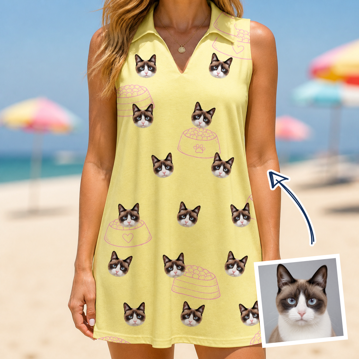 Woman wearing Women's Whisker Buffet Custom Cat Face V-Neck Dress — custom faces printed all-over