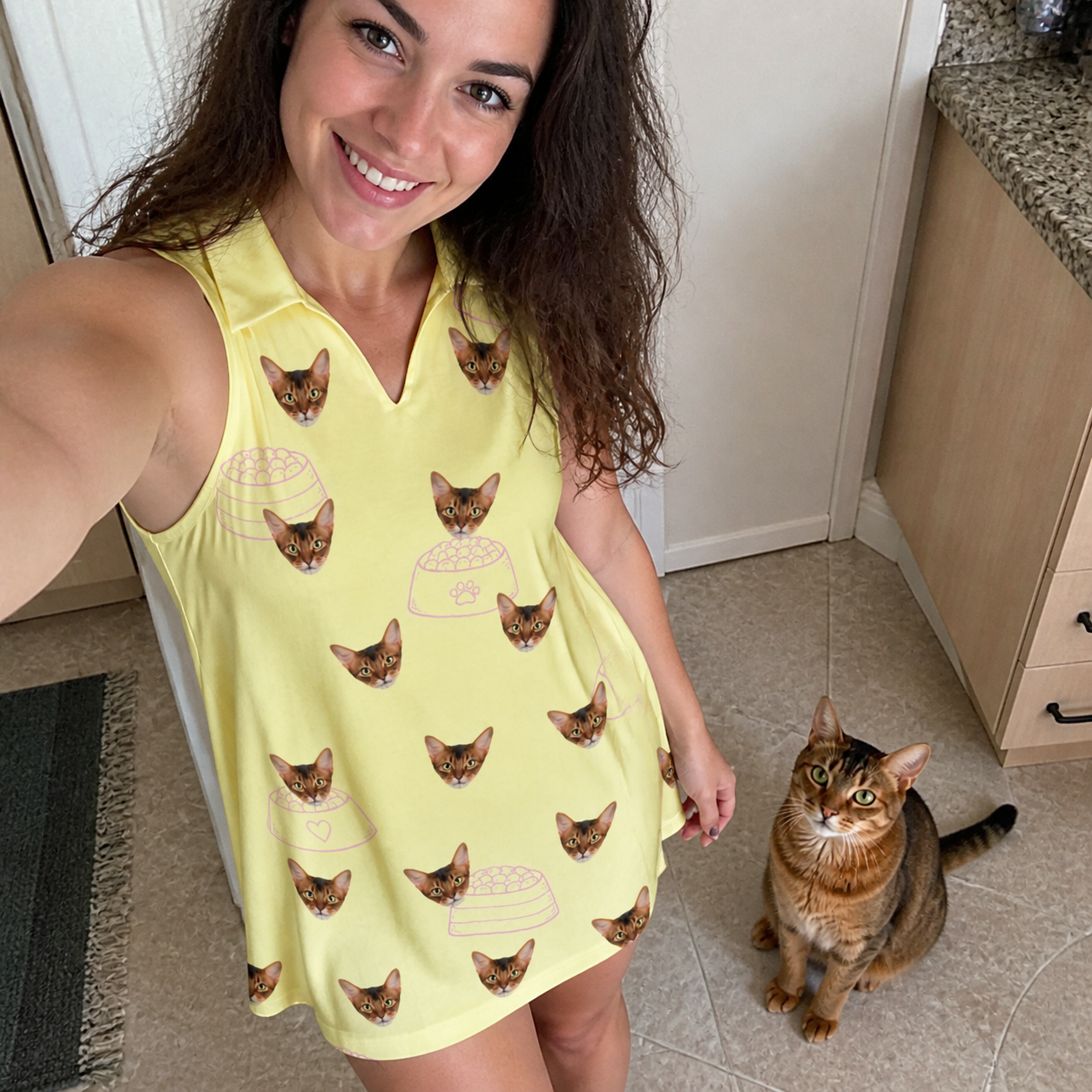 Selfie with the pet whose face is printed all over this Women's Whisker Buffet Custom Cat Face V-Neck Dress
