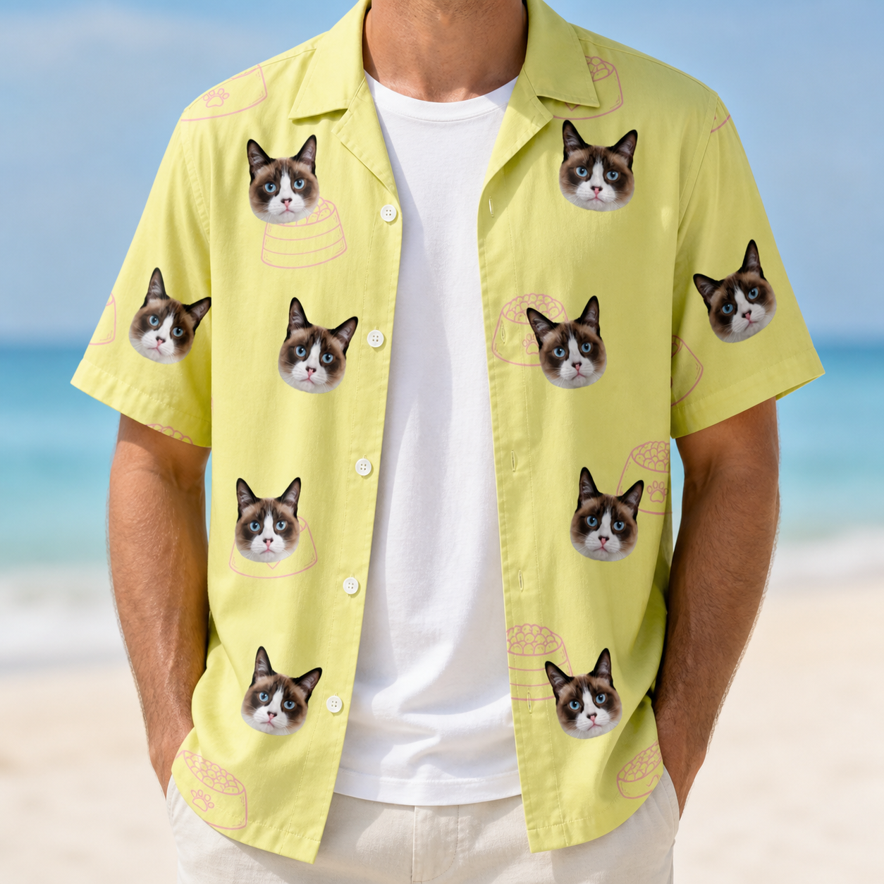 Man wearing Men's Whisker Buffet Custom Cat Face Hawaiian Shirt open over a white tee