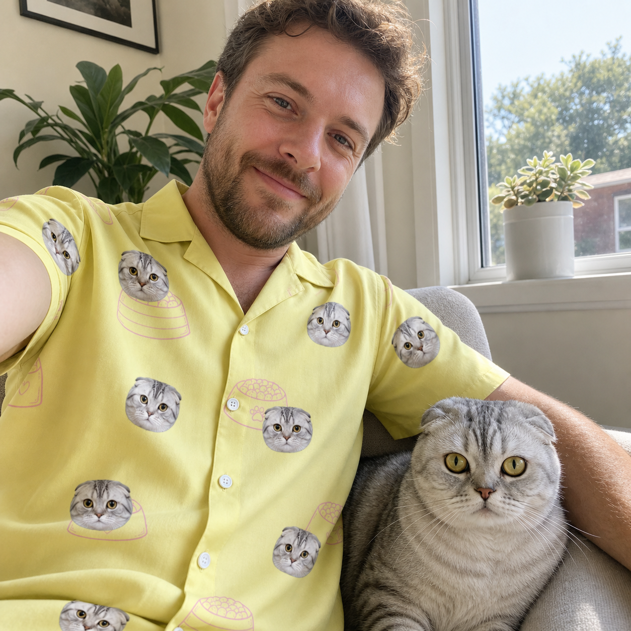 Selfie with the pet whose face is printed all over this Men's Whisker Buffet Custom Cat Face Hawaiian Shirt