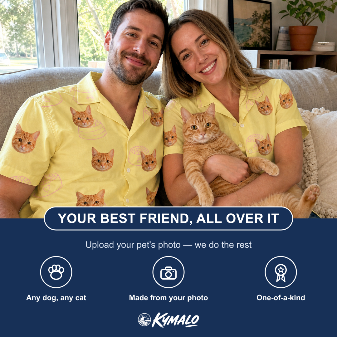 Friends in matching Men's Whisker Buffet Custom Cat Face Hawaiian Shirt — a group gift photo