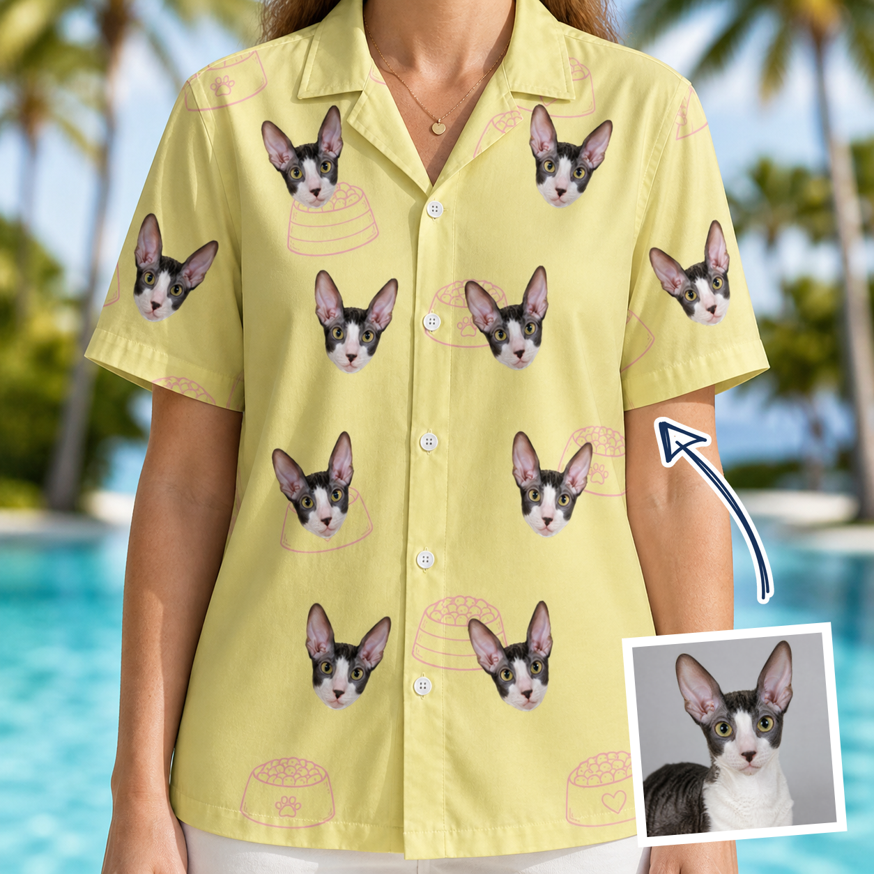 Woman wearing Women's Whisker Buffet Custom Cat Face Hawaiian Shirt — custom faces printed all-over