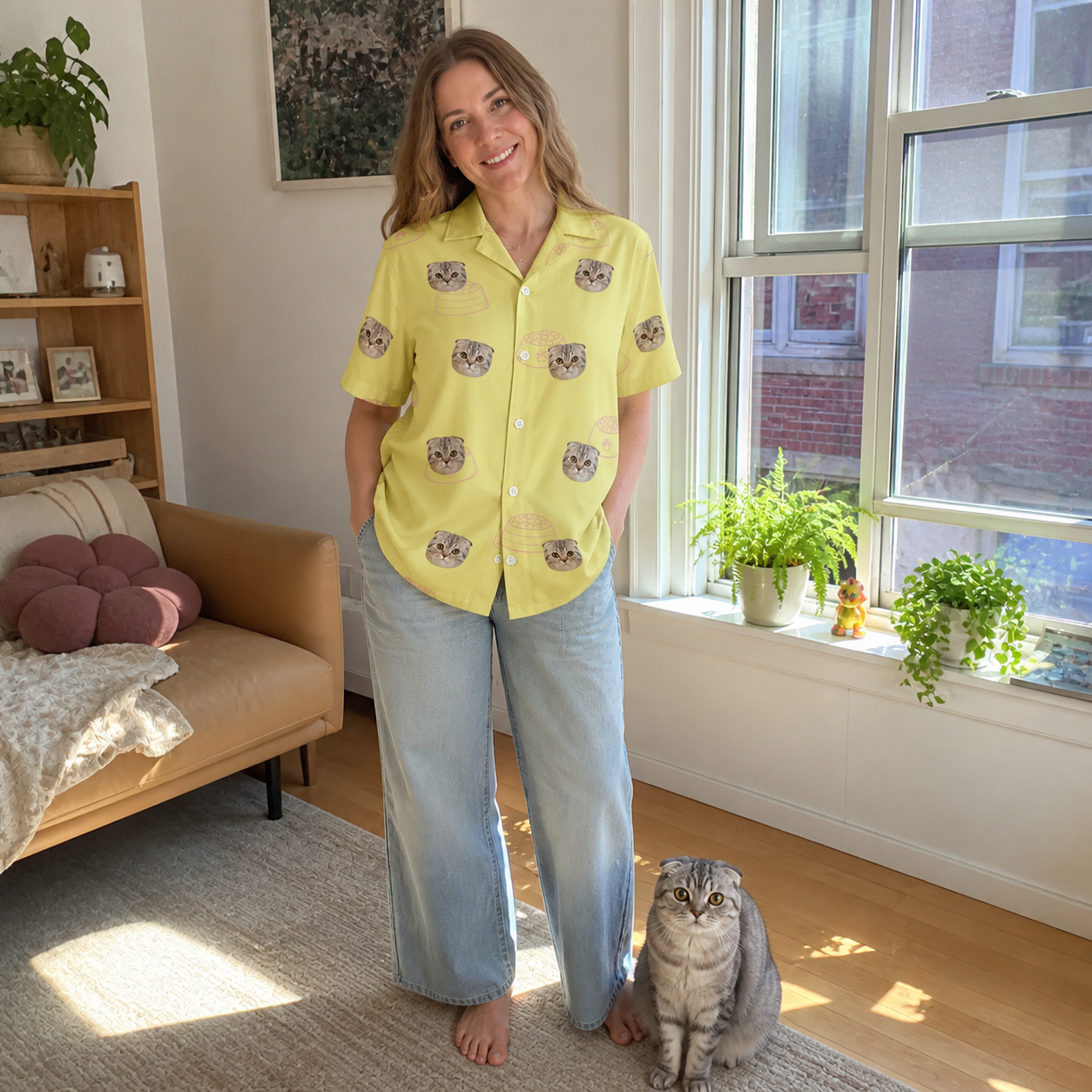 Full-length photo with the pet printed all over this Women's Whisker Buffet Custom Cat Face Hawaiian Shirt