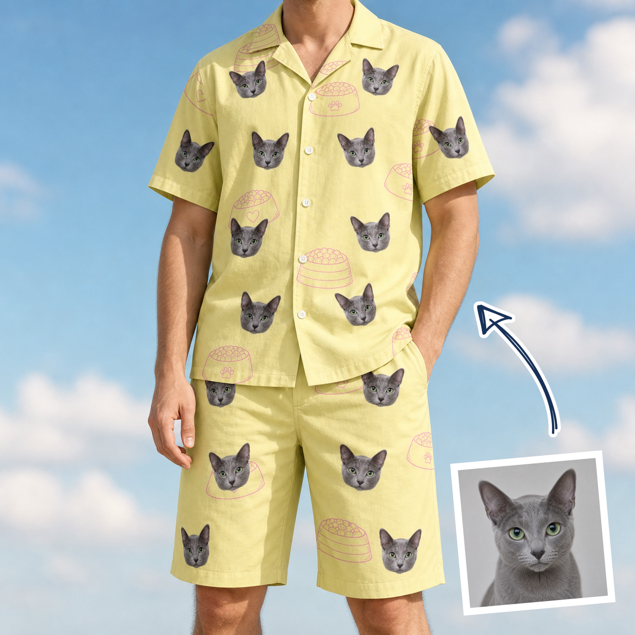 Man wearing Men's Whisker Buffet Custom Cat Face Shirt & Shorts Set — custom faces printed all-over