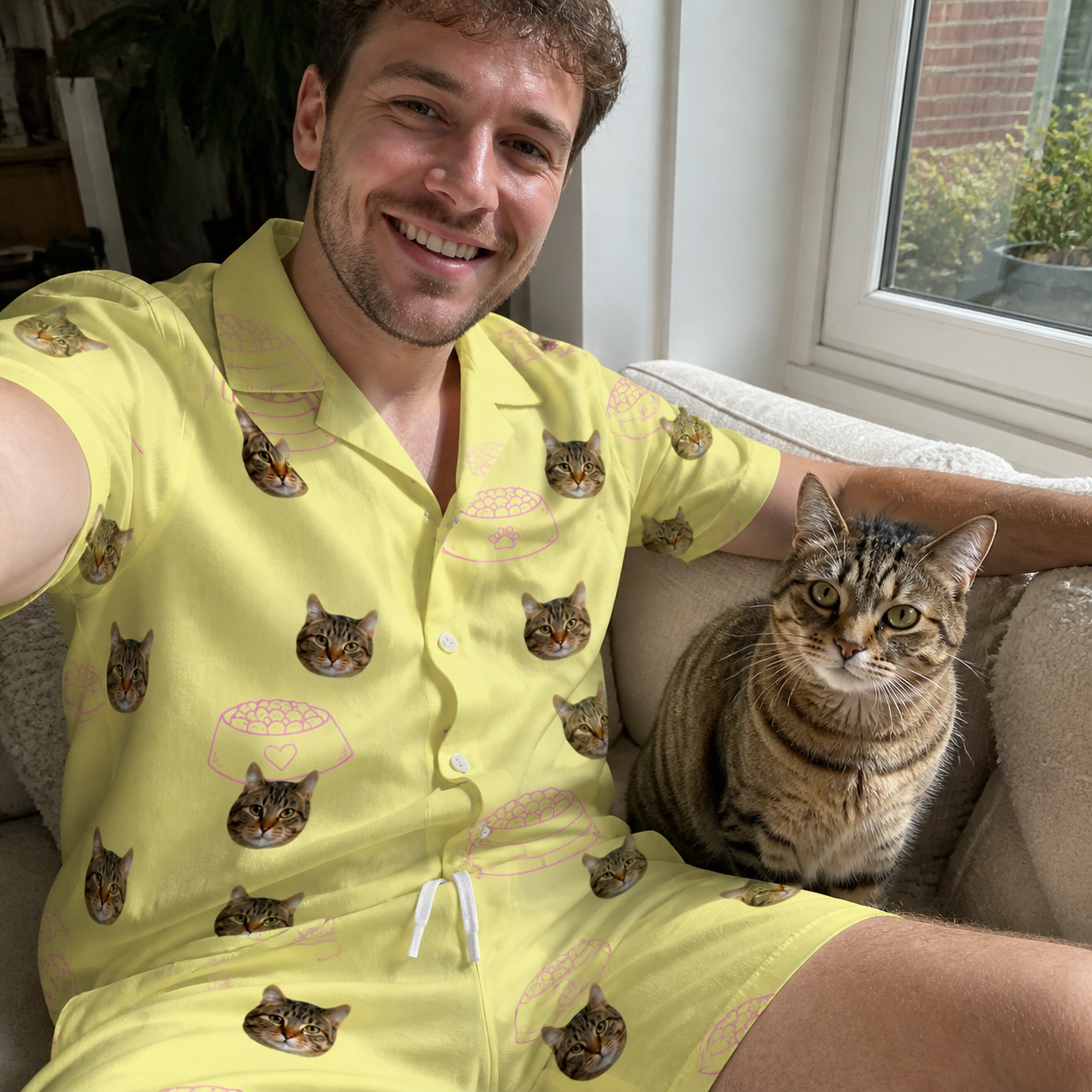 Selfie with the pet whose face is printed all over this Men's Whisker Buffet Custom Cat Face Shirt & Shorts Set