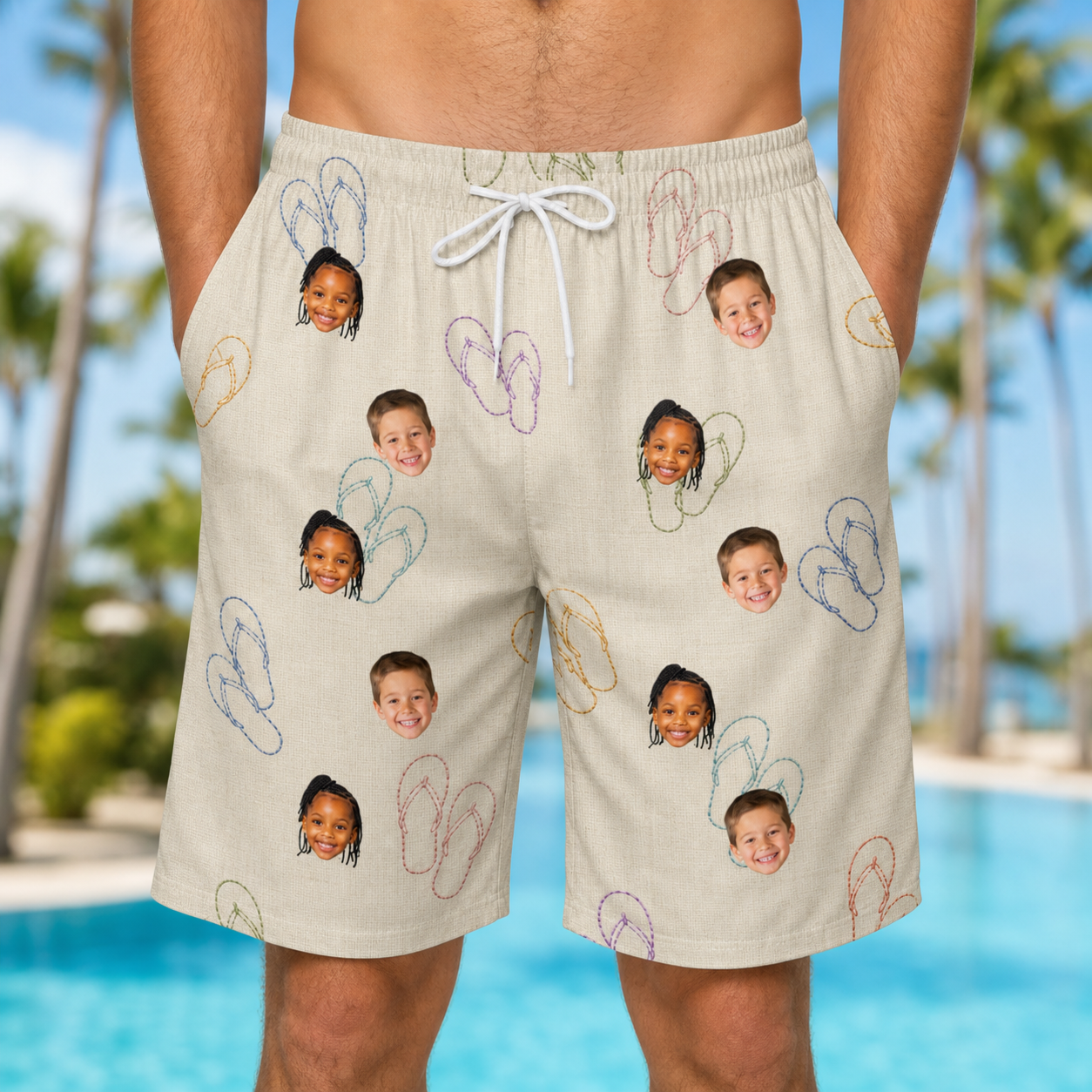 Model wearing Men's Kin Kicks Custom Face Beach Shorts printed with kids' faces