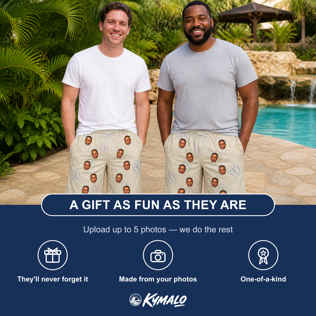 Friends in matching Men's Kin Kicks Custom Face Beach Shorts — a group gift photo