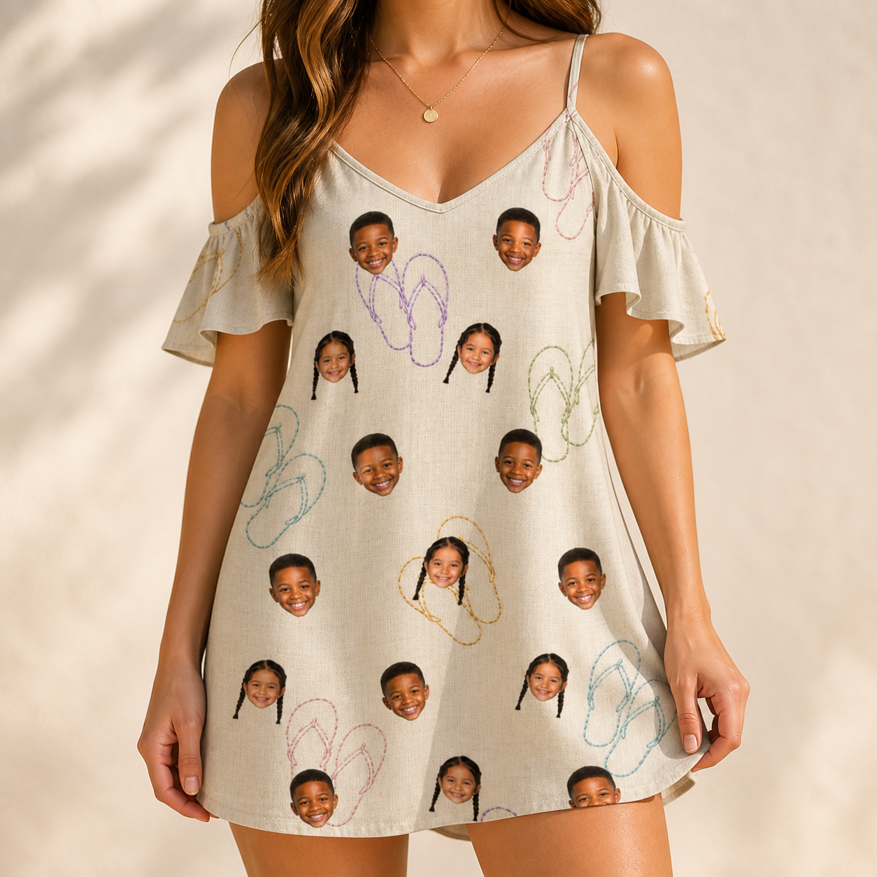 Model wearing Women's Kin Kicks Custom Face Off-Shoulder Dress printed with kids' faces