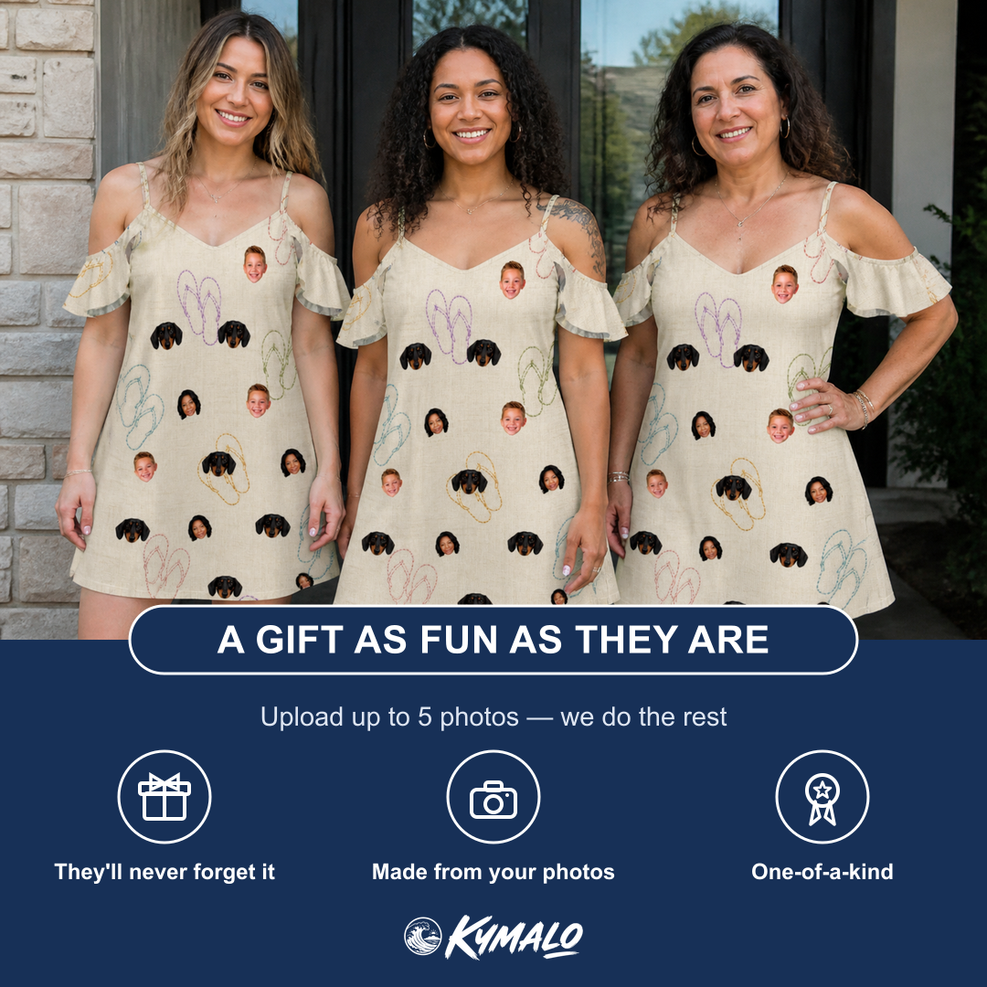 Friends in matching Women's Kin Kicks Custom Face Off-Shoulder Dress — a group gift photo