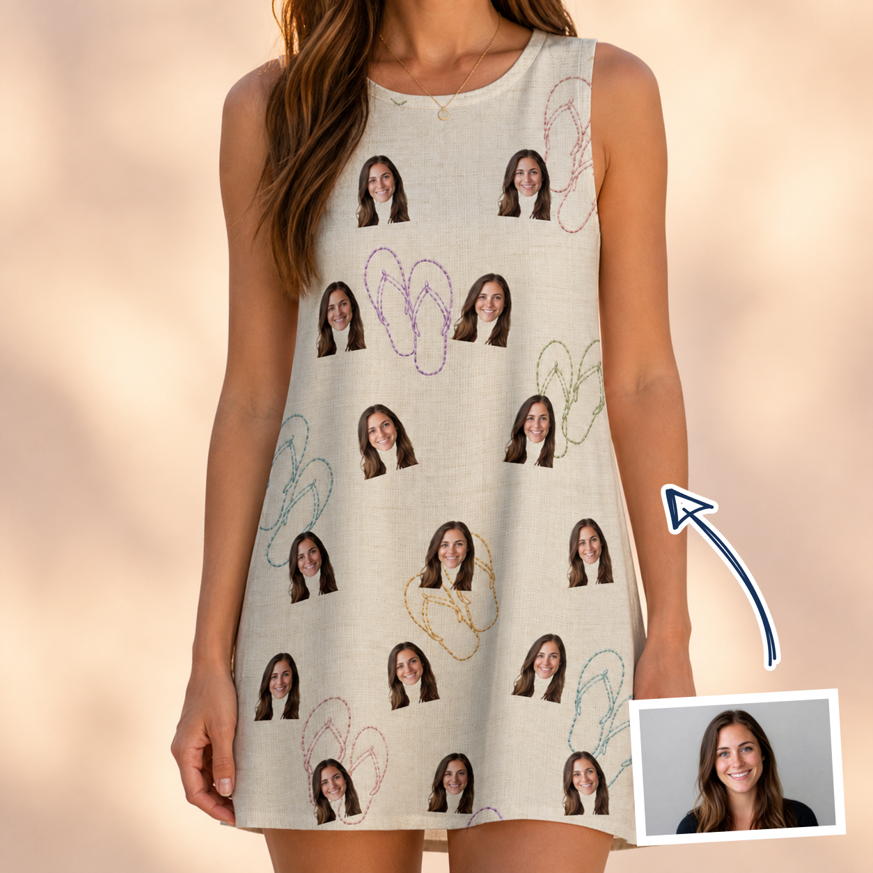 Woman wearing Women's Kin Kicks Custom Face Tank Dress — custom faces printed all-over