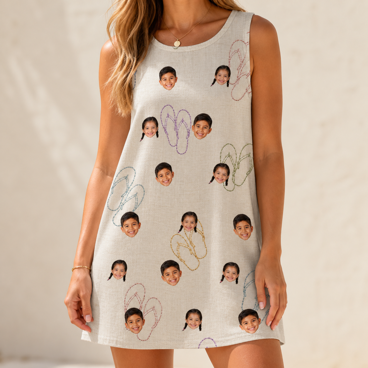 Model wearing Women's Kin Kicks Custom Face Tank Dress printed with kids' faces