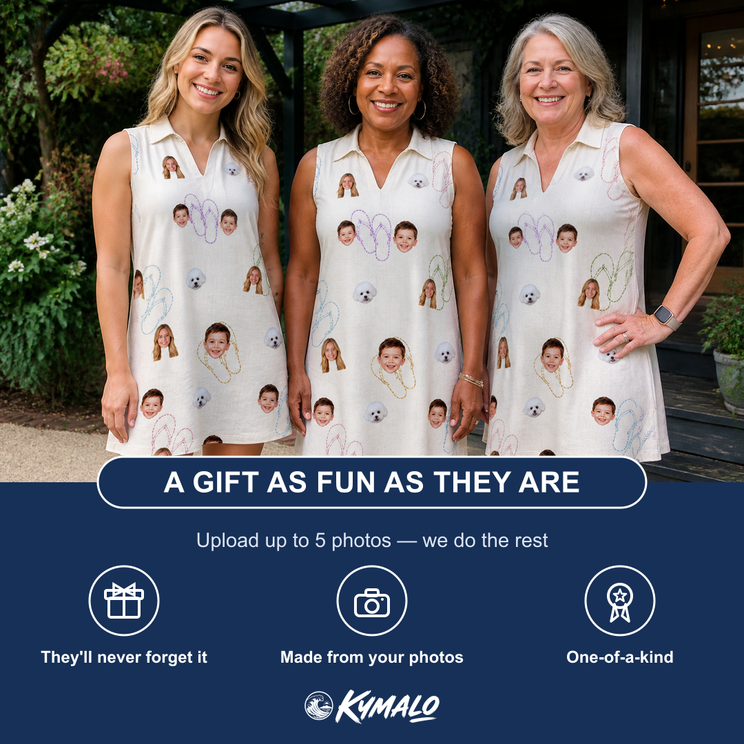 Friends in matching Women's Kin Kicks Custom Face V-Neck Dress — a group gift photo
