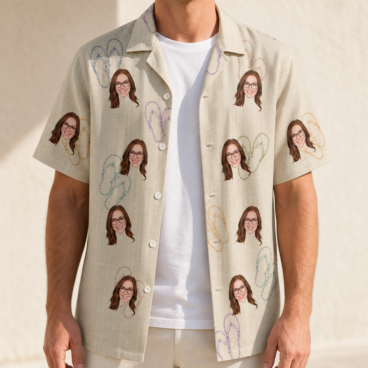 Man wearing Men's Kin Kicks Custom Face Hawaiian Shirt open over a white tee