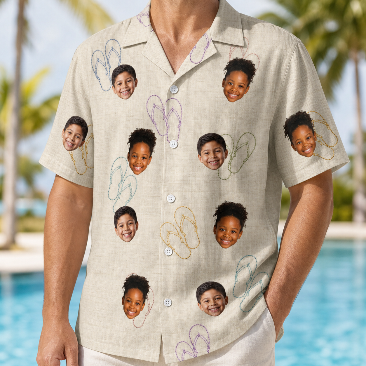 Model wearing Men's Kin Kicks Custom Face Hawaiian Shirt printed with kids' faces