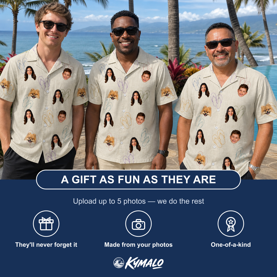 Friends in matching Men's Kin Kicks Custom Face Hawaiian Shirt — a group gift photo